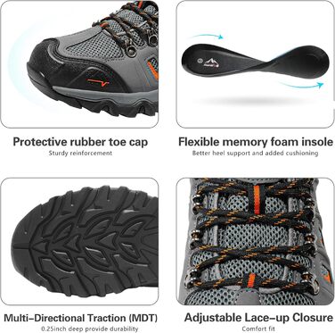 Чоловічі водонепроникні трекінгові черевики NORTIV - низькі, легкі, для хайкінгу, кемпінгу та трекінгу (41.5 EU, широкі, чорний, темно-сірий, помаранчевий матовий)