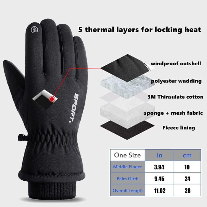 Чоловічі зимові рукавички KXF з натуральної шкіри, утеплені флісом, вітронепроникні, для їзди на велосипеді, водіння, бігу, кемпінгу та хайкінгу (Чорний)