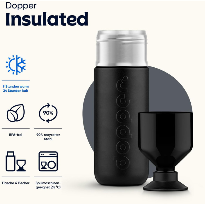 Іменна термос-пляшка Dopper Insulated 1 л, нержавіюча сталь, чорна – термочашка для води, кави, чаю, подвійні стінки, герметична, зберігає холод 24 год/тепло 9 год