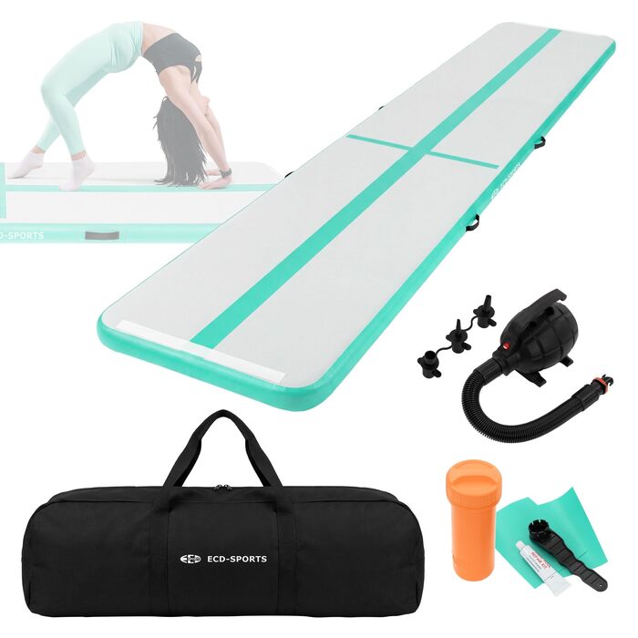 Гімнастичний мат Airtrack ECD Germany для тумблінгу та фітнесу, надувний мат для гімнастики 500x100x10 см, м'ятно-зелений, з електричним насосом та сумкою