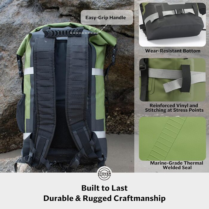 Водонепроникний рюкзак STOVER Dry Bag, 40 л, для каякінгу та водних активностей, з надійним Roll-Top, плаваюча сумка з фронтальною кишенею та світловідбиваючим елементом (Зелений)