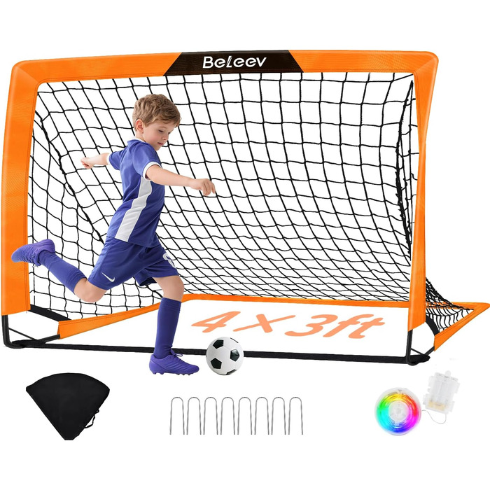 Дитячі футбольні ворота BELEEV для саду та ігор у приміщенні, 4x3/6x4 ft, з LED-підсвічуванням, портативні, складані, з сумкою для перенесення, 120*90 см (2 шт.)