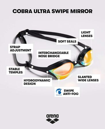 Окуляри для плавання arena Cobra Ultra Swipe Mirror для дорослих, дзеркальні, антифог, UV-захист, 5 змінних перенісся