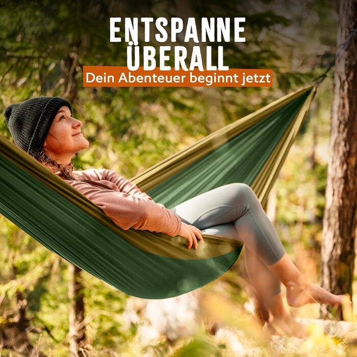 Гамак для відпочинку Monkey Swing Ultraleicht – легкий, міцний (300 кг), 275x140 см, для кемпінгу, трекінгу, подорожей (зелений/хакі)