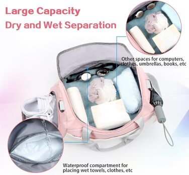 Спортивна сумка-рюкзак для подорожей: велика, водонепроникна, з відділенням для взуття та мокрих речей, для жінок та чоловіків (білий+рожевий)