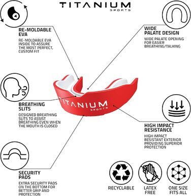 Капа спортивна преміум-якість Titanium - захист щелепи для контактних видів спорту (бокс, ММА, джудо, карате, регбі, хокей, футбол) - червона, з кейсом