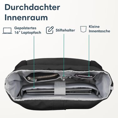 Рюкзак LARKSON Rolltop для чоловіків і жінок, чорний, великий, для школи, університету, велосипеда, 16-дюймове відділення для ноутбука, водовідштовхувальний, антивикрадальний, екологічний