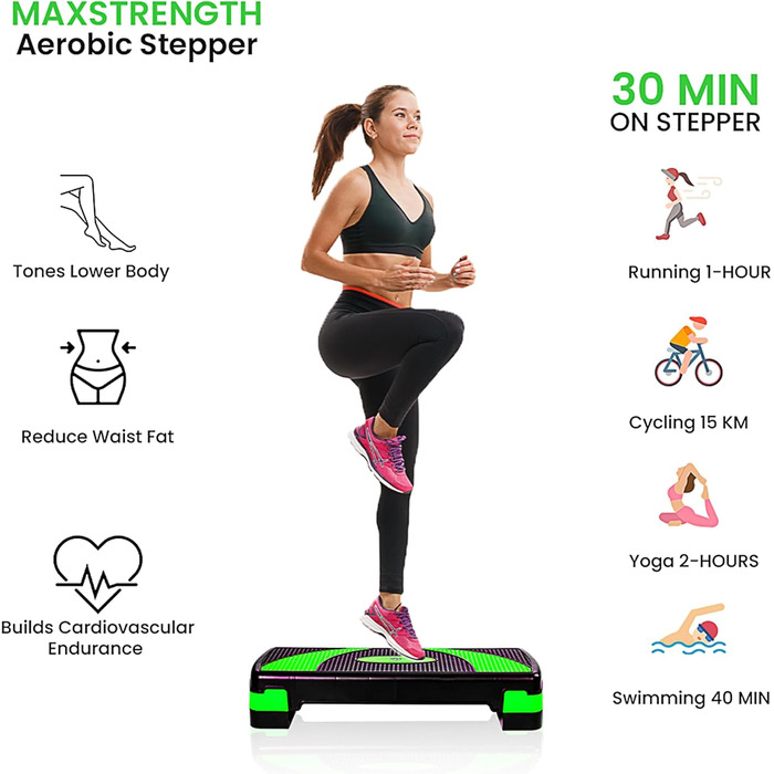 Аеробний степ-платформа MAXSTRENGTH, 5-рівнева, нековзна, для фітнесу, кардіо, йоги, висота 10-30 см