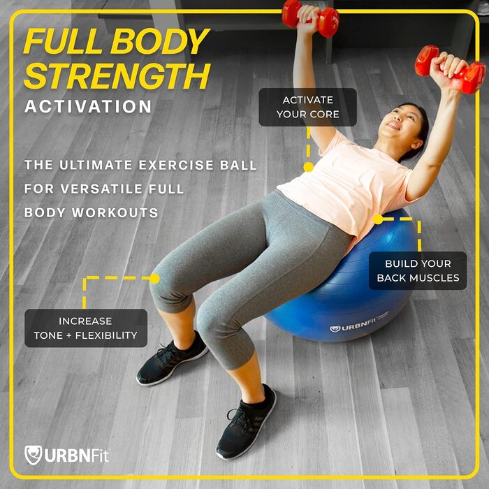 Фітбол URBNFit 65 см для фітнесу, йоги, вагітності та балансу. Антивибуховий, з насосом, підходить для офісу, дому, спортзалу. Червоний.