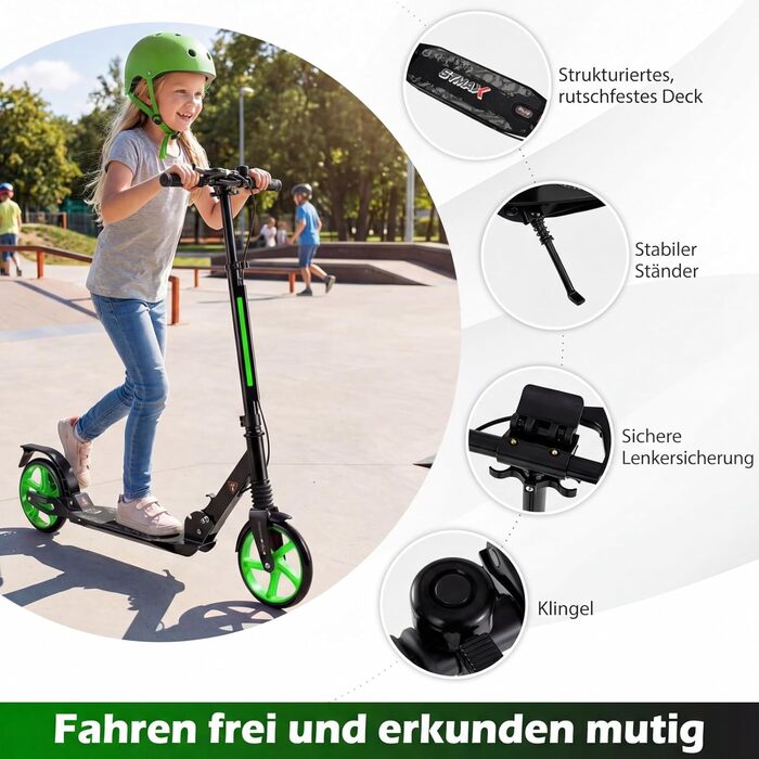 COSTWAY Розкладний самокат для дітей та дорослих, зелений, з дзвіночком та підставкою, до 100 кг