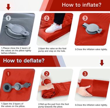 Надувний килимок для кемпінгу з інтегрованим насосом, 12.7 см, з подушкою, компактний для подорожей, рюкзаків, трекінгу, Orange-Schwarz