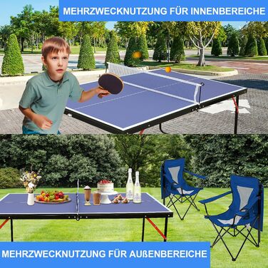 Стіл для пінг-понгу Muenfly з сіткою та набором ракеток – Outdoor/Indoor, складаний, з 2 ракетками та м'ячами, стабільний дизайн, синя ігрова поверхня, простий монтаж для дітей та дорослих