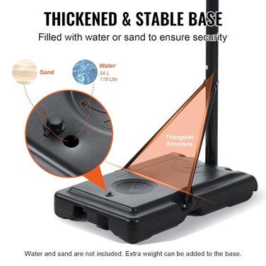 Баскетбольне кільце VEVOR вуличне з підставкою 122-305 см, регульована висота, чорне, стійке до погодних умов та іржі, мобільне (з водою/піском), діаметр 44 см