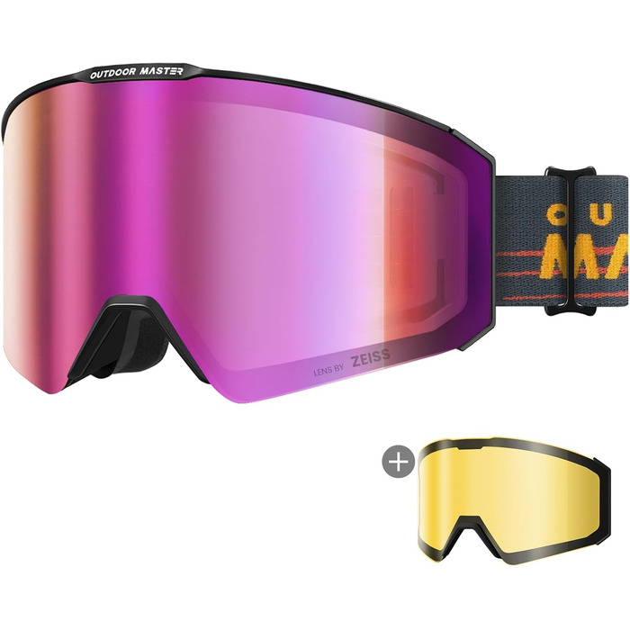 Лижна маска OutdoorMaster Falcon з лінзою ZEISS, OTG, магнітна змінна лінза, антифог, для сноуборду, чоловіків і жінок, фіолетова VLT 21% + жовта лінза