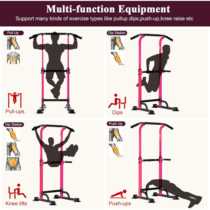 SDHYL Комплекс для тренувань Power Tower: турнік, бруси для віджимань, петлі для підтягувань, регульована висота, тренажер для пресу та спини. Підходить для початківців та професіоналів. Рожевий/Чорний
