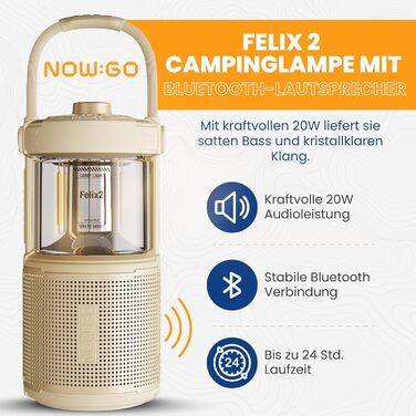 Ліхтар кемпінговий LED Felix 2 з Bluetooth колонкою, акумуляторний, 360° світло, 20W, IPX7, 24 год, USB, пісочний