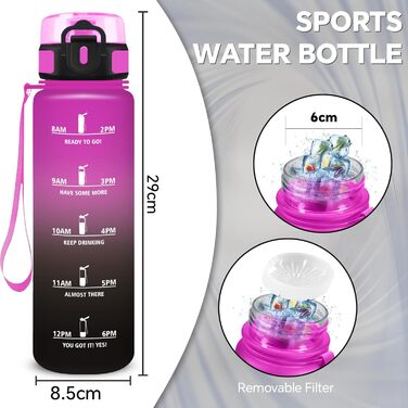 Спортивна пляшка для води 1 л, витікання, з маркуванням часу, легка, для велосипеда, школи, офісу, фітнесу (1000 мл, фіолетово-чорна)