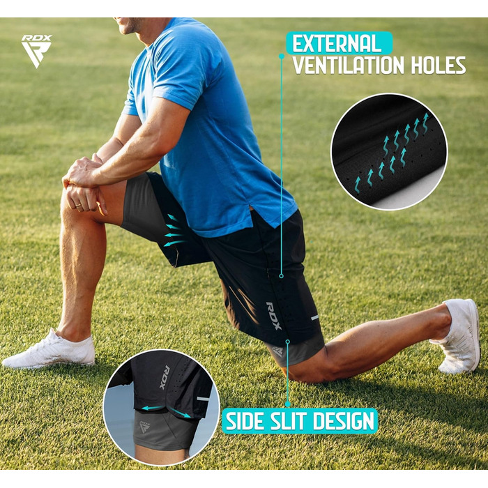 Шорти чоловічі RDX 2-в-1 для бігу та тренувань, компресійні, з кишенями на блискавках (Сірий, XL)