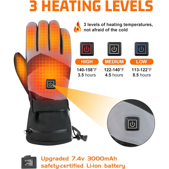 Гріючі рукавички 7.4V 3000mAh для жінок та чоловіків, водонепроникні, вітронепроникні, з підтримкою сенсорного екрану, для мотоциклів, катання на снігоходах, туризму та кемпінгу, чорні, XL