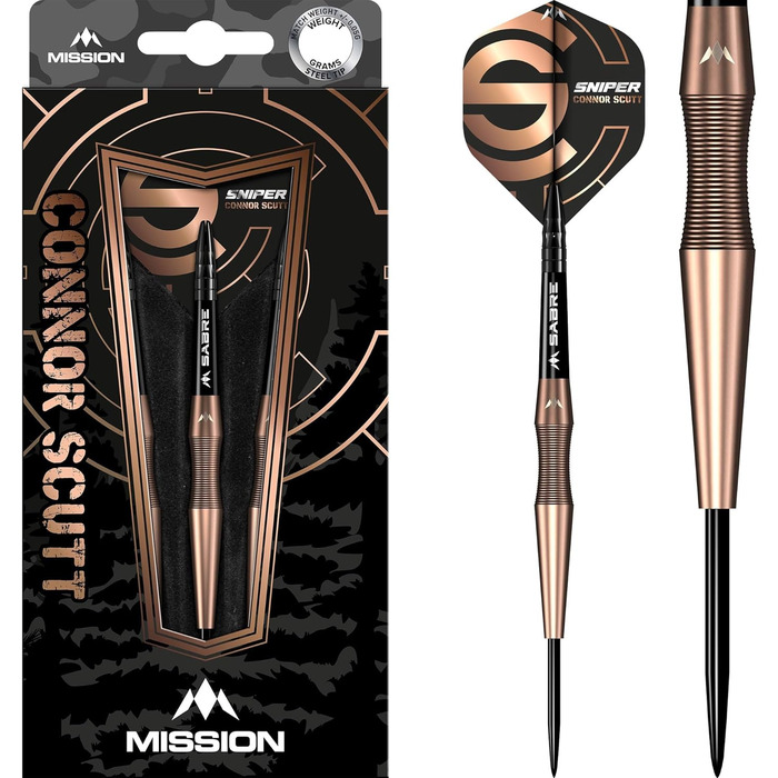 Дротики Mission Connor Scutt V2, сталевий наконечник, бронзове PVD, Sniper, 90% вольфрам, різні ваги