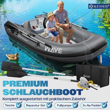 Надувний човен KESSER® Wave 230-320 см (комплект 6 в 1): човен, лавка, насос, весла, ремкомплект, сумка. Можливість встановлення мотора, для солоної води, антрацит.