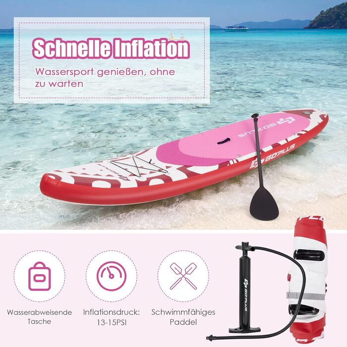 Надувна SUP-дошка COSTWAY 325x76x16 см, до 150 кг, з рюкзаком, насосом, регульованим веслом, страховочним шнуром, еластичним шнуром та ремкомплектом, рожева, без сидіння
