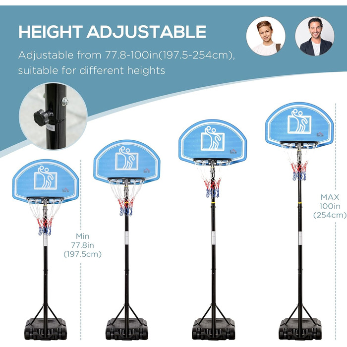 Баскетбольний кошик HOMCOM з регульованою висотою 197,5-254 см, переносний з колесами, поліетиленове кільце