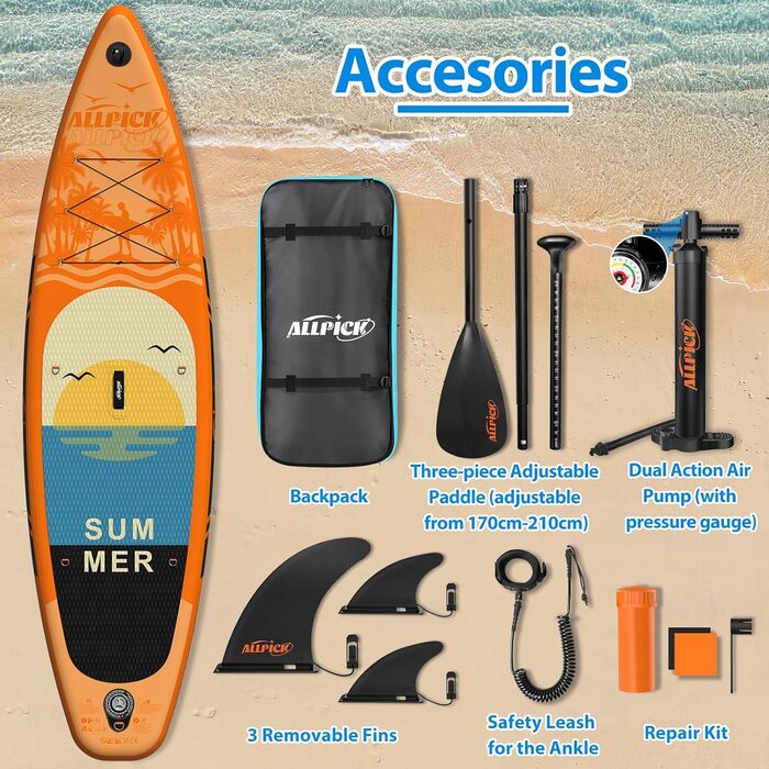 Надувна SUP-дошка ALLPICK Premium з камеротримачем, комплект аксесуарів, регульоване весло, для початківців і досвідчених, до 180 кг