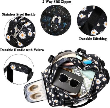 Спортивна сумка для дівчаток Kord з ромашками, 25L, чорна: для школи, танців, тренувань. З водонепроникним відділенням та відсіком для взуття.