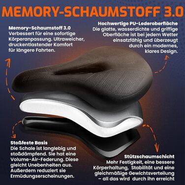 ANFIL® Велосипедне сідло - Максимальний комфорт - Ергономічне сідло з Memory Foam 3.0 для жінок та чоловіків - Зручне та м'яке - з оптимізованим розподілом тиску для тривалих поїздок
