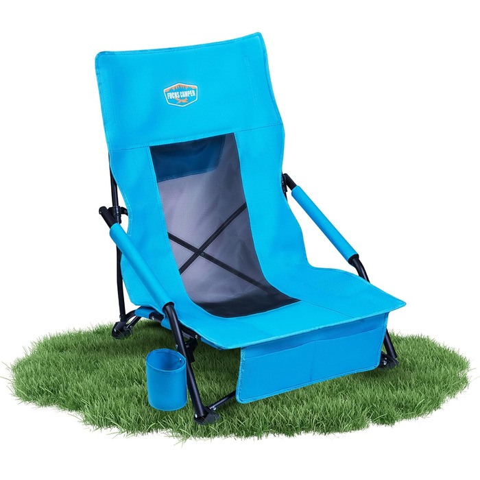 Крісло для кемпінгу Fuchs Camper Strandstuhl – складане, з високою спинкою та сітчастою тканиною. Зручне для відпочинку на пляжі та кемпінгу. Має тримач для напоїв та кишеню. Міцне (до 150 кг), чорне та синє (1 шт.)