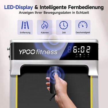 Walking Pad YPOO з регулюванням нахилу, 1-6 км/год: компактне бігове полотно для дому та офісу, до 140 кг, тихе, з LED-дисплеєм, пультом та APP, срібне