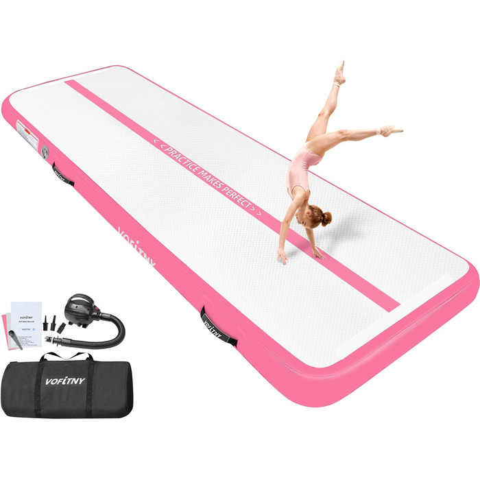 Надувна гімнастична мат для тренувань VOFiTNY (10/20 см товщина, 3/4/5/6 м довжина) для дому, парку та йоги (рожева)