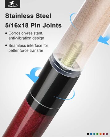 Більярдні киї CUEBAR для дорослих, 147 см, 2-секційні, з ручкою з екошкіри, різні кольори (7 кольорів), вага 510-595 г