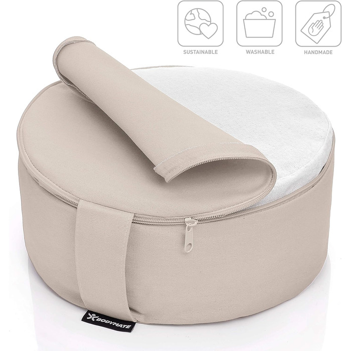 Подушка для йоги та медитації BODYMATE кругла 31 см, бежева, з гречаним лушпинням, бавовняний чохол
