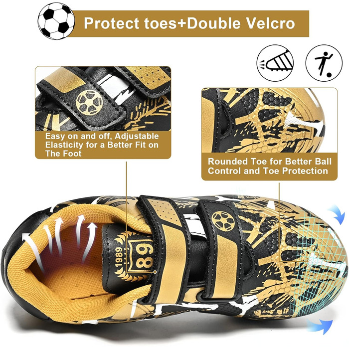 Дитячі футбольні бутси Unisex, чорно-золоті, розмір 28-37 EU, дихаючі, антиковзкі