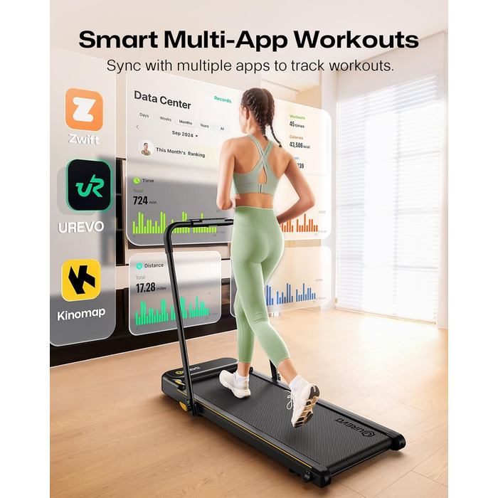 Біговий тренажер UREVO 2 в 1 з SmartCoach App, Walking pad з подвійною амортизацією, біговий доріжка з пультом керування та LED-дисплеєм, чорний та світло-жовтий, з APP