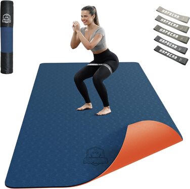 Йога мат HAPBEAR XXL 183x91x6 мм - неслизька, для фітнесу, з гумовими стрічками та сумкою, блакитно-помаранчевий