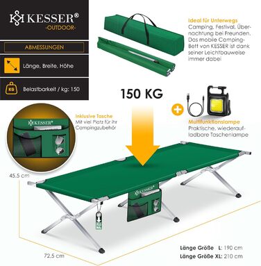 Кемпінгове ліжко KESSER® розкладне, 190/210 см, з сумкою, ліхтарем та кишенею, сталевий каркас, 150 кг, 600D Oxford