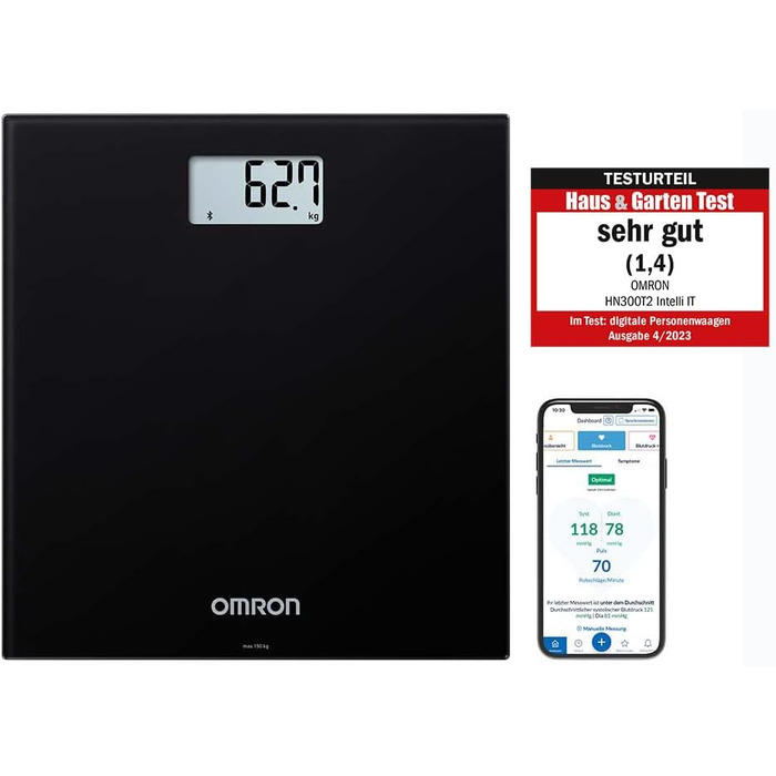 Цифрова смарт-вага OMRON HN300T2 Intelli IT з Bluetooth, чорна, для контролю ваги вдома, синхронізація зі смартфоном
