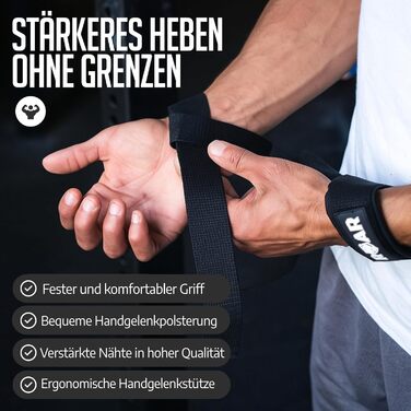 Роар® ремені для підйому штанги (м'які) для силових тренувань, бодібілдингу, фітнесу - ремені для тяги - підйомні ремені - для жінок та чоловіків (Чорний)