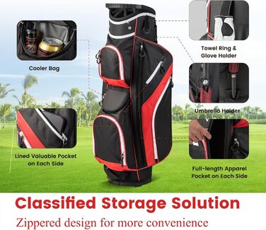 Сумка для гольфу LIFEZEAL Stand Bag з 14 відділеннями, з підтримкою, з ременем, тримачем для напоїв, 9 кишень, ізольованою кишенею, тримачем для парасольки, для чоловіків та жінок (червона)