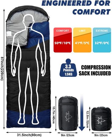 Спальні мішки для дорослих та дітей – для холодної та теплої погоди. Водонепроникний, легкий спальний мішок для кемпінгу, піших прогулянок та трекінгу (з компресійним мішком). Підходить для 3-4 сезонів, 10-20°C, 1.5KG – Чорний