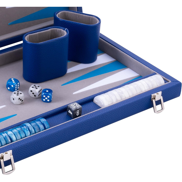 Набір для гри в кістки Енгельхарт Люкс 38 см - преміум якість, шкірозамінник, спеціальне покриття з фільцу, перламутрові кубики та фішки + 2 стаканчики - професійний та для дому, блакитний