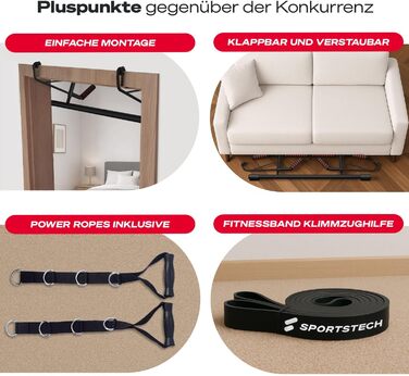 Sportstech Pullmate: турнік для підтягувань для дому, кріплення на дверний отвір без свердління, регульований, з неслизькими ручками, з аксесуарами для підтягувань та тренажером для петлі, витримує до 200 кг, калістеніка
