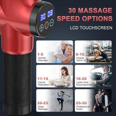 Масажер для м'язів, електричний масажний пістолет з 30 швидкостями та 8 насадками (червоний)