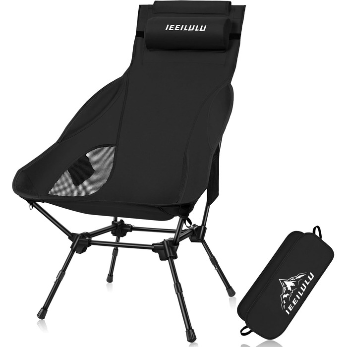 Складний туристичний стілець IEEILULU з високою спинкою, чорний. Макс. навантаження 130 кг, 2 кишені. Підходить для кемпінгу, риболовлі, пікніків та відпочинку на природі.