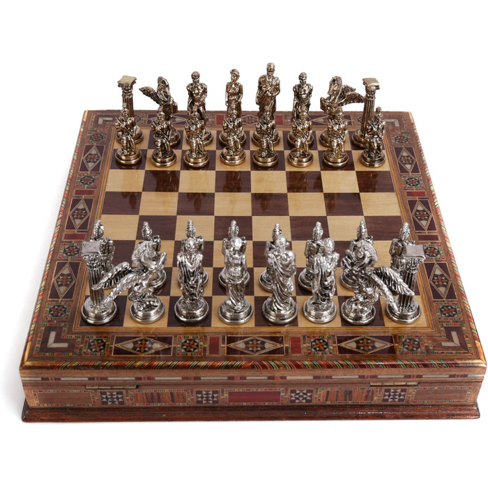 Шахи міфологічні металеві, середнього розміру, для дорослих, ручної роботи, шахові фігури та дошка з натурального масиву дерева, з внутрішнім зберіганням, висота короля 8 см