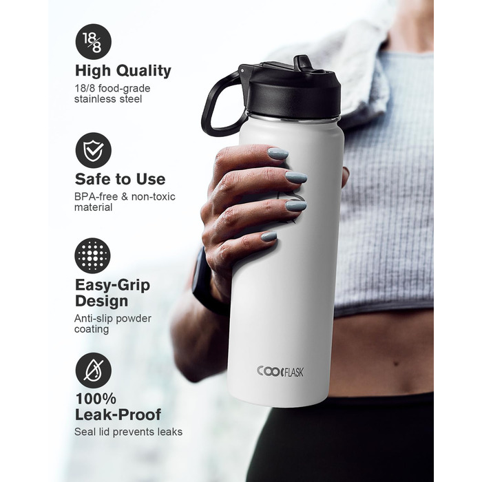 Фляга Coolflask 1,2 л з ізоляцією та трубочкою, нержавіюча сталь, 3 кришки, для спорту та офісу, зберігає холод до 48 годин, тепло до 24 годин, сіро-зелений колір