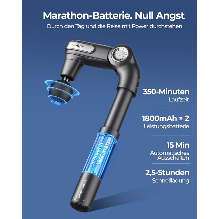 Масажер для тіла KingPavonini з висувним руків'ям та відкидним голівкою: масажна пістолета для спини з 3 кутами налаштування та 4 насадками, подарунок для чоловіків та жінок (сірий)